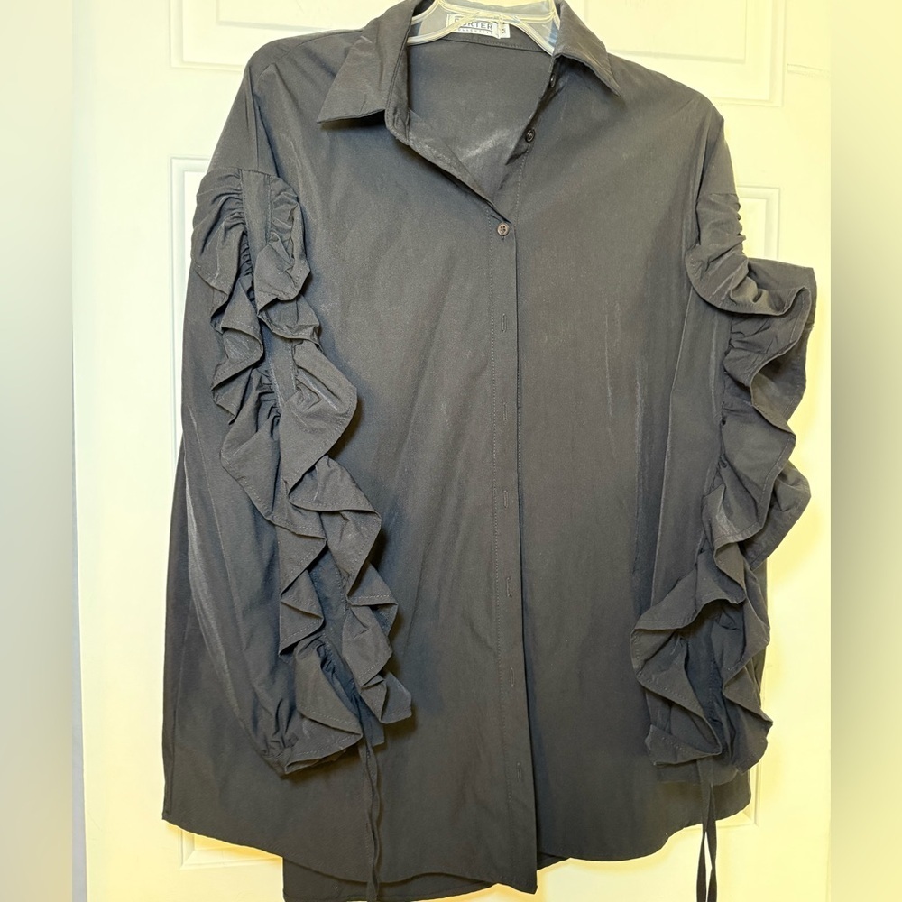 Porter Collective Medium Black Oversized Blouse Cascading Ruffle Victorian Inspo